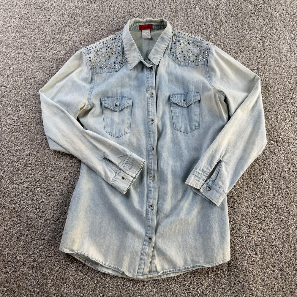 Y2K Red Tulips Denim Shirt Womens Medium Blue Studded Western Snap Button Top